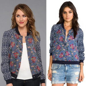 Free People Floral Printed Baseball Jacket Indigo Blue 18936